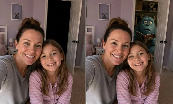 AI-generated image (GPT-2): 'A mother and daughter take a selfie in a bedroom, with an empty dark closet in one version and a brightly revealed, surprised furry creature inside it in the other.'