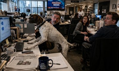 AI-generated image (GPT-1.5) featuring a dog journalist in a photorealistic newsroom, who has spotted a lead, and attracted the attention of his co-workers.