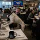 AI-generated image (GPT-1.5) featuring a dog journalist in a photorealistic newsroom, who has spotted a lead, and attracted the attention of his co-workers.