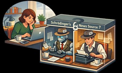 AI-generated illustration: a stylized orthographic illustration depicting a woman seated at her home office desk reading a laptop, and a cut-away diagram depicting 'Schrodinger's news source' - a box with a robot writing an article, partitioned from a human writing an article. Each has a stylized journalist appearance. The idea being conveyed is that until you actually know who wrote the piece the woman is reading, it could have been a human or a robot. GPT-1.5