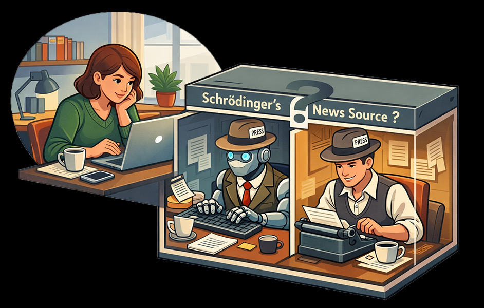 AI-generated illustration: a stylized orthographic illustration depicting a woman seated at her home office desk reading a laptop, and a cut-away diagram depicting 'Schrodinger's news source' - a box with a robot writing an article, partitioned from a human writing an article. Each has a stylized journalist appearance. The idea being conveyed is that until you actually know who wrote the piece the woman is reading, it could have been a human or a robot. GPT-1.5