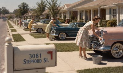 AI-generated image (GPT-2): A 1960s suburban street where identical Stepford-style wives clean cars in repeating rows, with a ‘3081 Stepford St’ mailbox in the foreground.