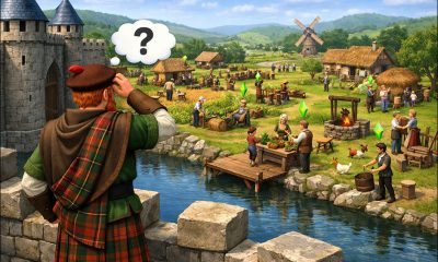 A cartoon image of a SIMs-style game where a Scottish Laird in his castle is regarding the thriving villagers beyond his moat with puzzlement. GPT-1.5.