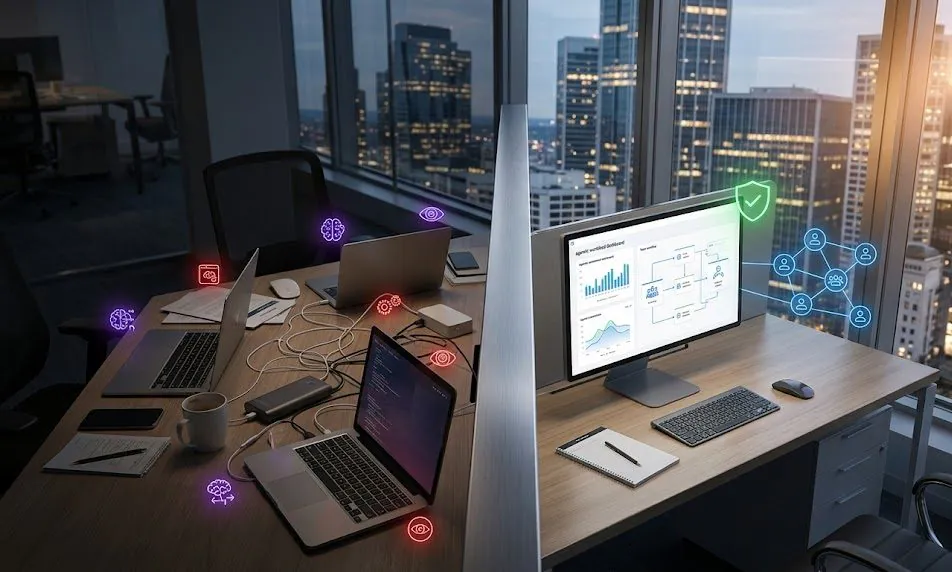 A split-view comparison of an office desk showing the messy, chaotic reality of Shadow AI on one side and a clean, governed AI workspace on the other.