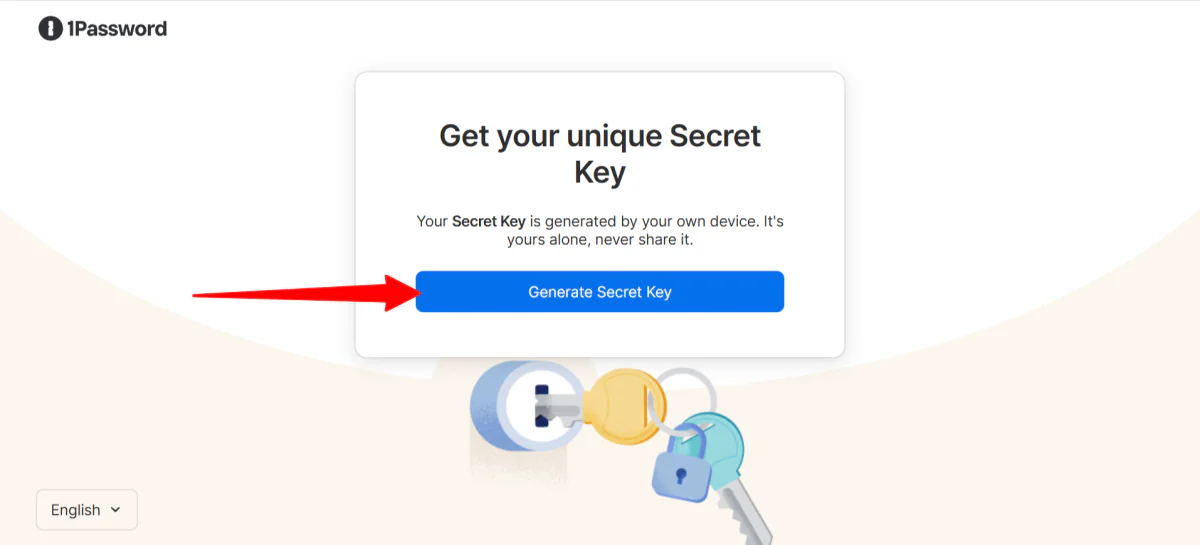 Generating a secret key on 1Password.