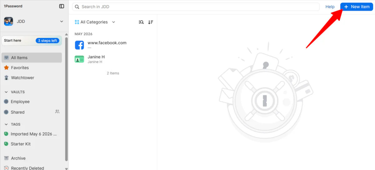 Adding a new item to the vault in 1Password.