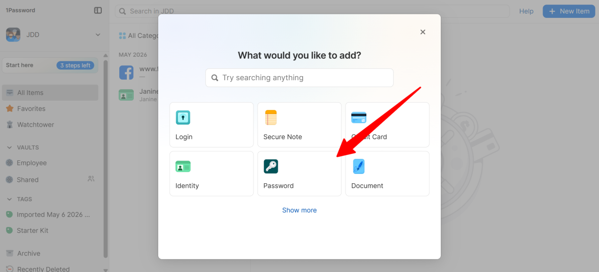 Adding a new password in 1Password.
