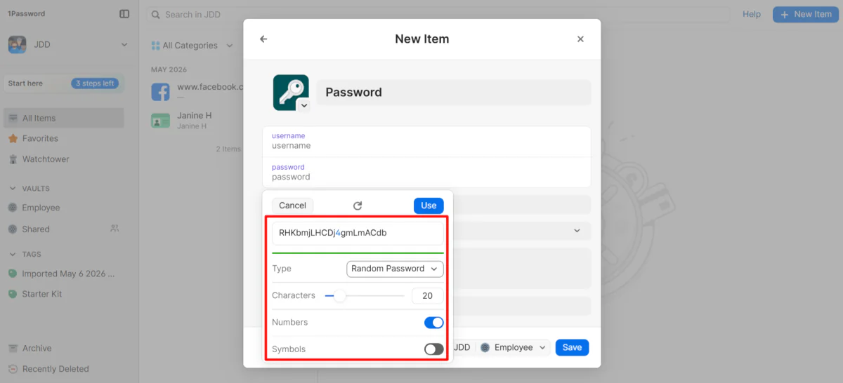 Creating a randomized password with the built-in password generator in 1Password.