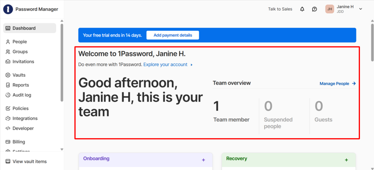 The 1Password dashboard.