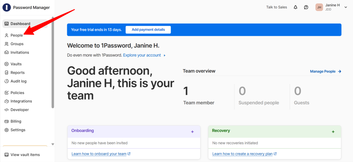Accessing the People tab in 1Password.