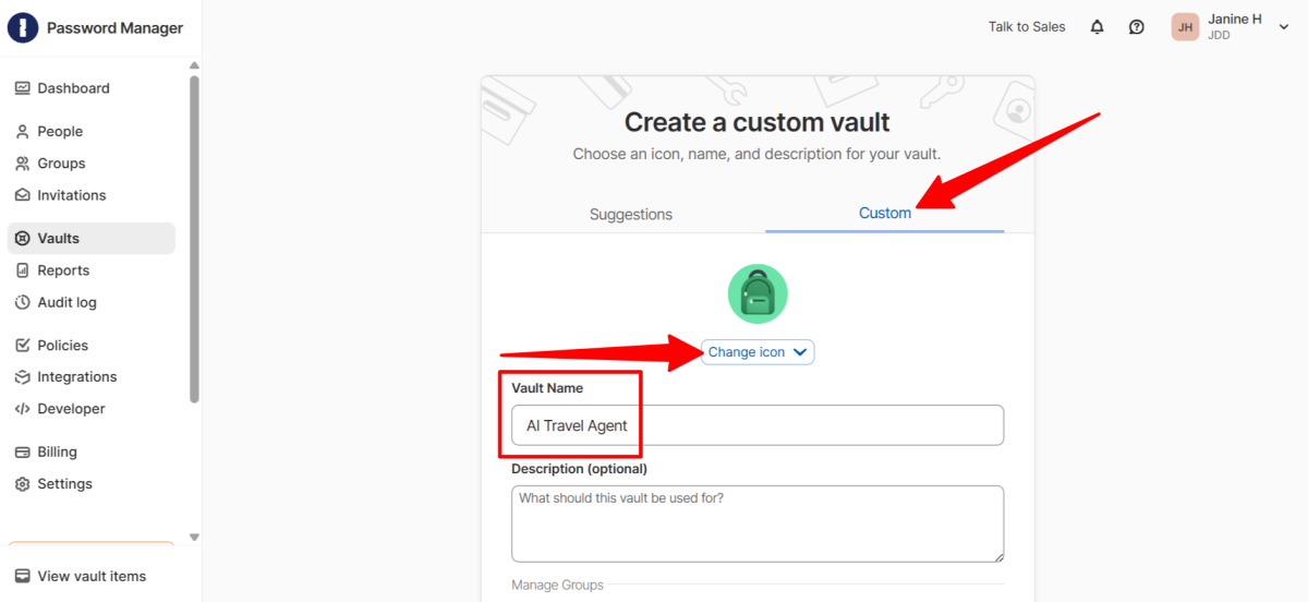 Creating a custom vault in 1Password by changing the icon and giving it a name.