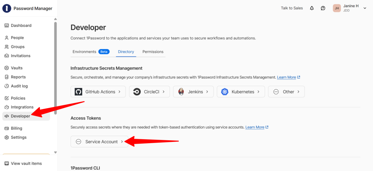 Creating a Service Account in 1Password.
