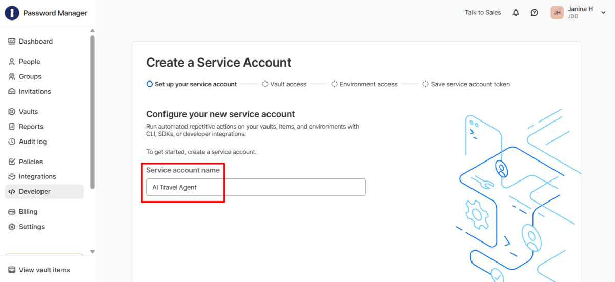 Giving a service account a name in 1Password.