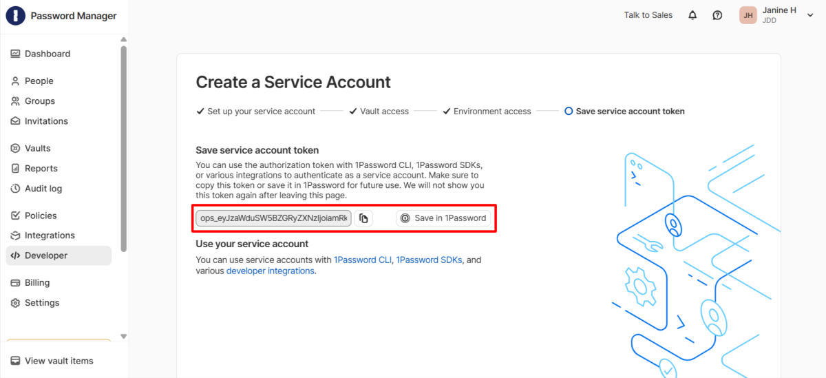 Copying and saving a Service Account token in 1Password.