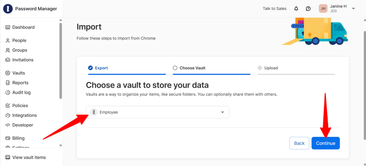 Choosing a vault to store password data using 1Password.