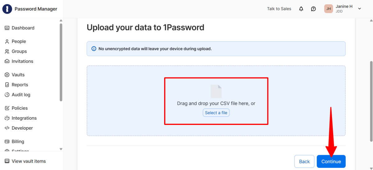 Uploading a CSV with password data to 1Password.