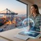 A digital rendering of a woman in an office making supply chain decisions using a holographic display. She stands at a wooden desk overlooking a large container port at dusk. Her finger rests on a tablet, which projects a glowing blue globe and data overlays. To her right, a transparent panel shows analytics: 