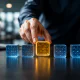 Hand selecting a glowing AI model cube from multiple options in a modern tech office, symbolizing strategic AI model selection.
