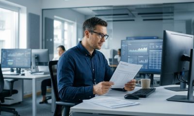 A male fraud analyst meticulously examines a physical paper document while sitting at a computer workstation in a modern office.