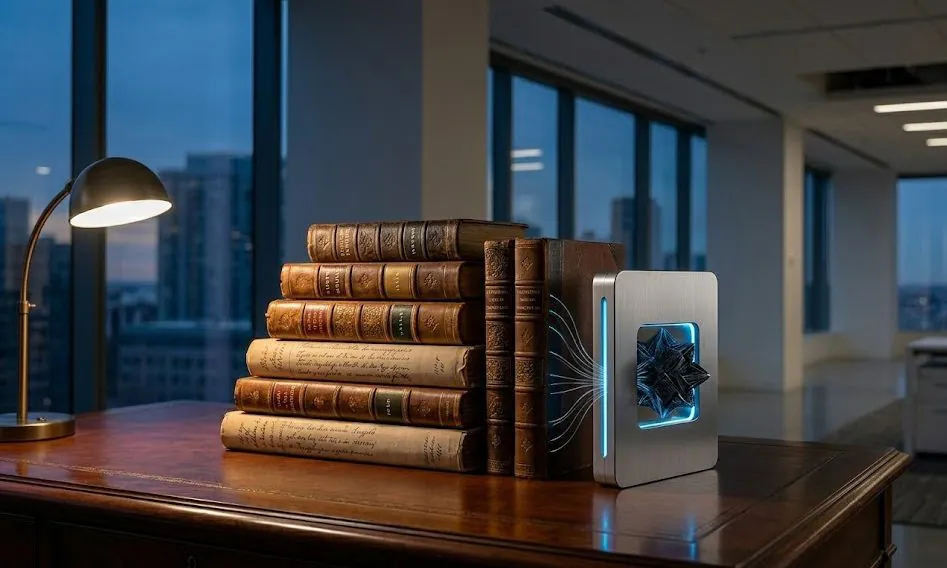 A row of antique leather-bound books stands next to a glowing metal bookend featuring a purple light-up geometric structure on a wooden desk in a modern high-rise office at night.