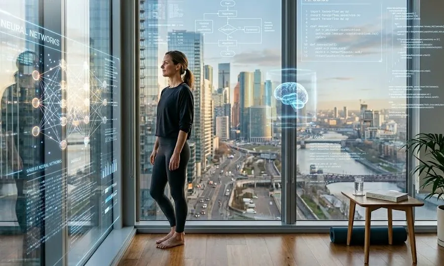 A photorealistic widescreen image of a woman standing in a modern high-rise apartment overlooking a city at sunrise, with holographic AI neural networks and data visualizations floating in the foreground.