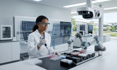 A diverse female scientist in smart glasses works alongside a sophisticated dual-arm robotic lab system in a futuristic wet lab.