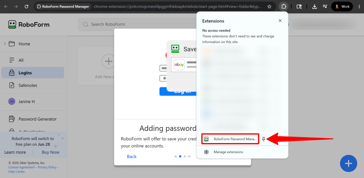 Закріплення Roboform за браузером Chrome.