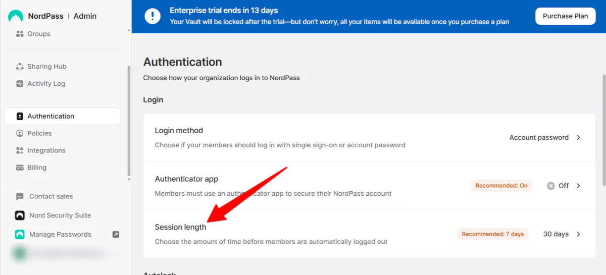 Accessing the session length within NordPass.