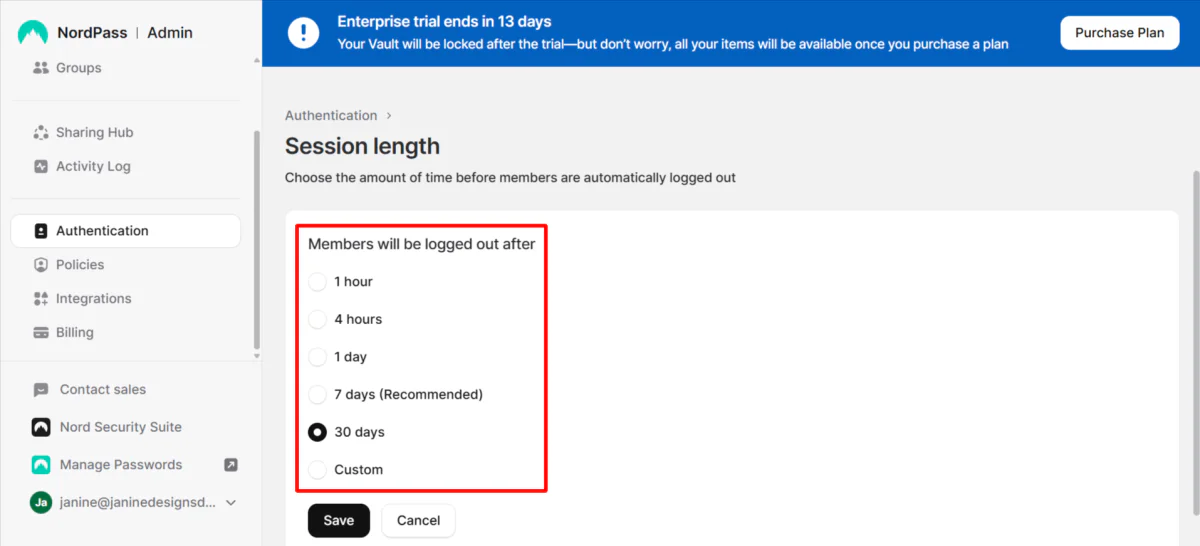 Choosing the amount of time before members are logged out on NordPass.