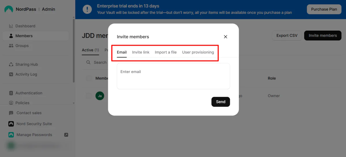 Different ways to invite members with NordPass.