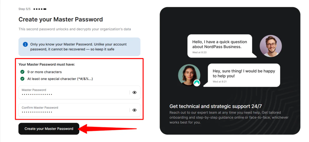 Creating a master password in NordPass.