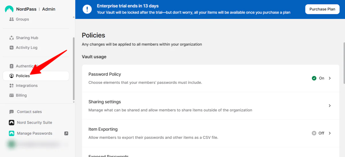 Configuring policies in NordPass.