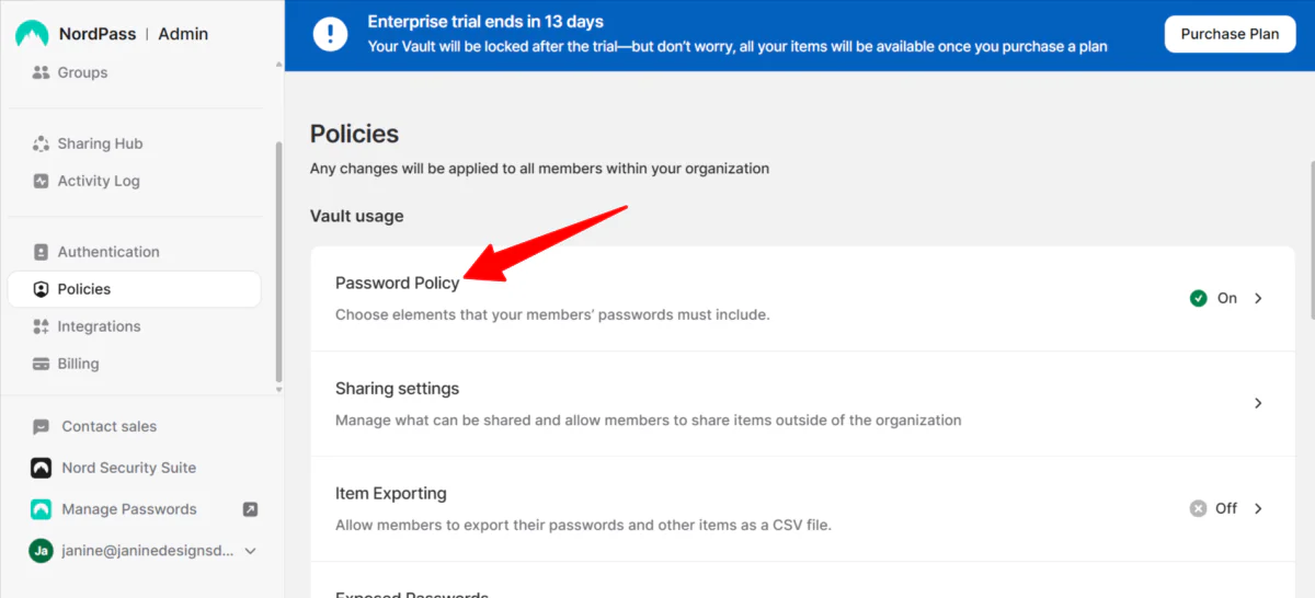 Accessing the Password Policy in the vault settings on NordPass.