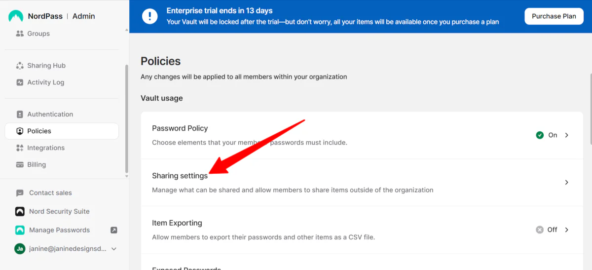 Configuring the Share settings in NordPass.