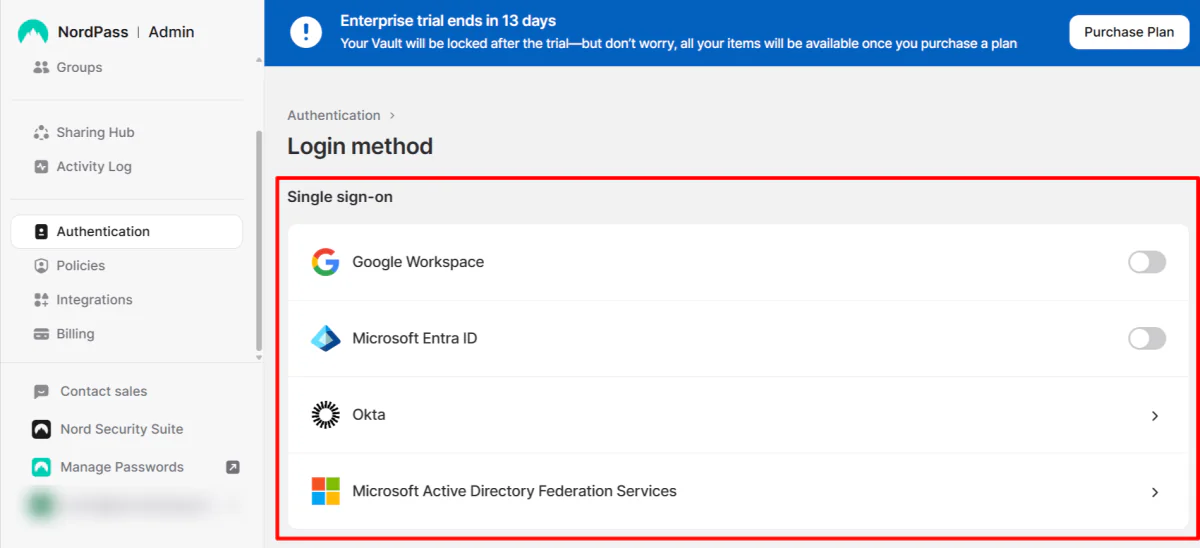 Adjusting the single sign-on methods in NordPass.