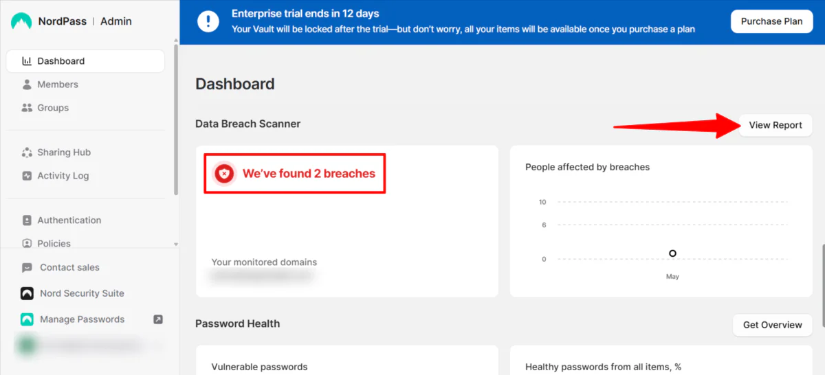 VIewing the Data Breach Scanner report on NordPass.