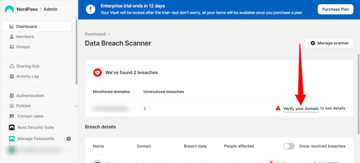 Verifying my domain in the NordPass Data Breach Scanner.