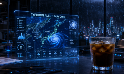 An iced coffee in the foreground with a transparent holographic tablet displays a complex weather map of Tokyo.