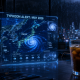 An iced coffee in the foreground with a transparent holographic tablet displays a complex weather map of Tokyo.