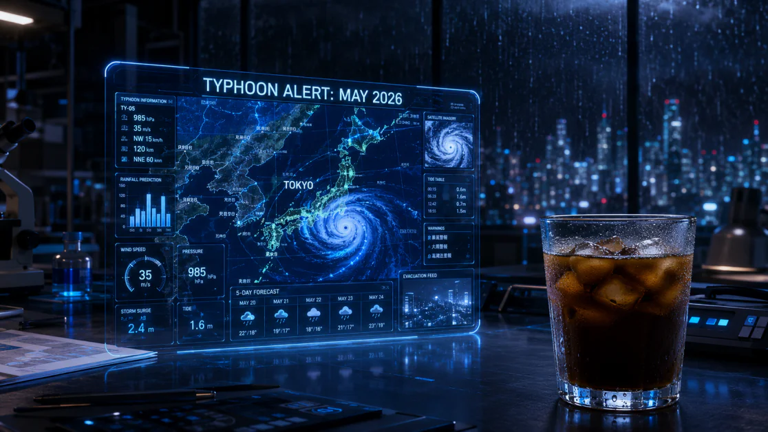 An iced coffee in the foreground with a transparent holographic tablet displays a complex weather map of Tokyo.