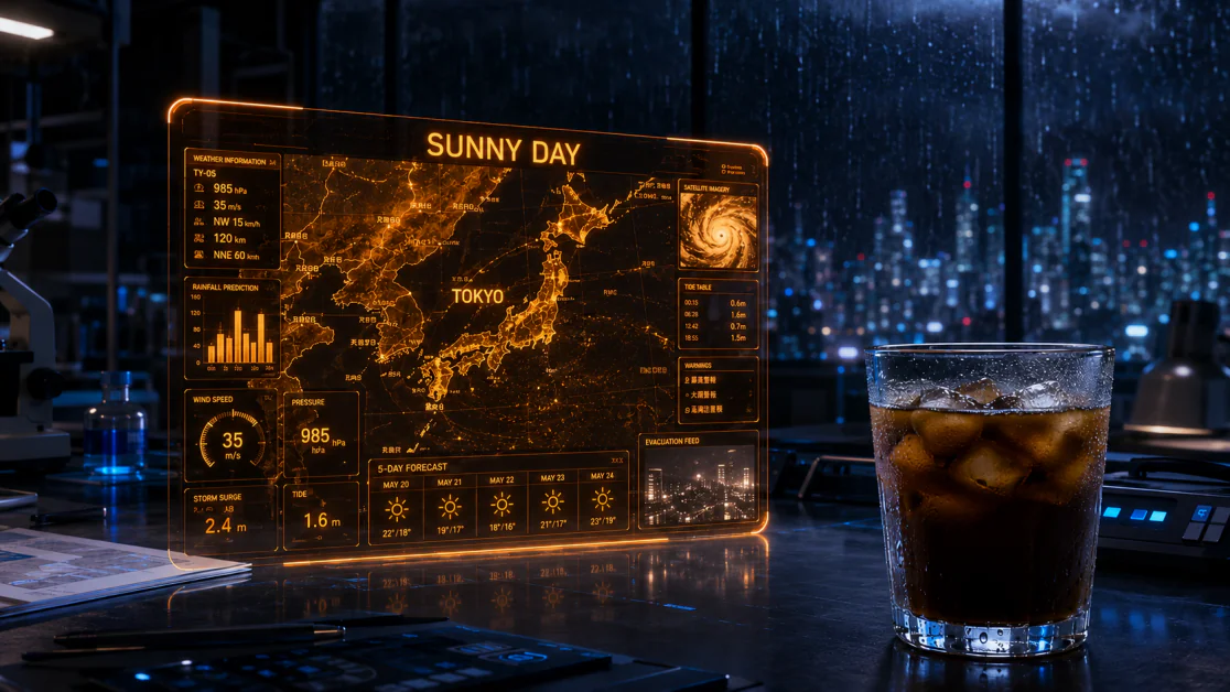 Ein mit ChatGPT-Bilder 2.0 bearbeitetes Bild, das ein Glas mit Eis-Kaffee im Vordergrund mit einer Wettervorhersage von Tokio zeigt, die einen sonnigen Tag anzeigt.