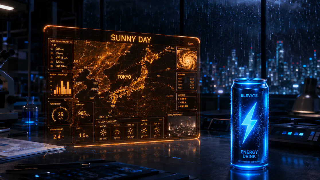 Ein leuchtender blauer Energy-Drink, der den Eis-Kaffee in einem mit ChatGPT generierten Bild ersetzt.