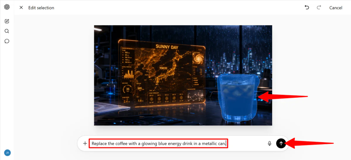 Auswahl des Eis-Kaffees in einem mit ChatGPT generierten Bild, um ihn in einen Energy-Drink umzuwandeln.