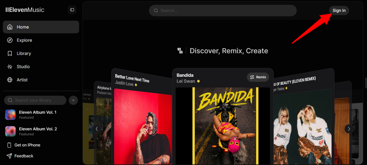 Signing in to ElevenMusic.