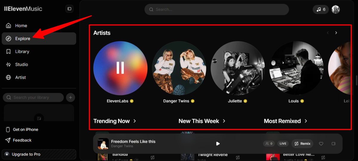 The Explore tab in ElevenMusic.