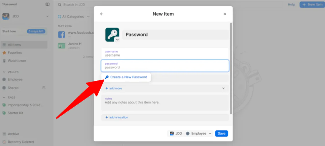 Creating a new password with the password generator in 1Password.