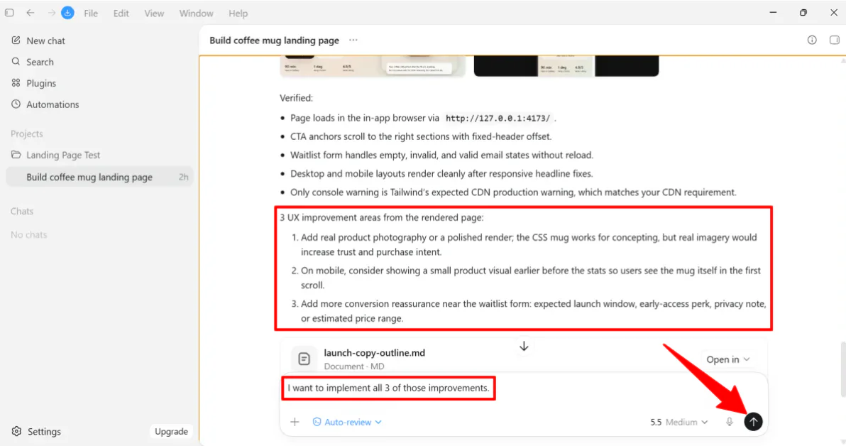Telling Codex to implement the suggested improvements.