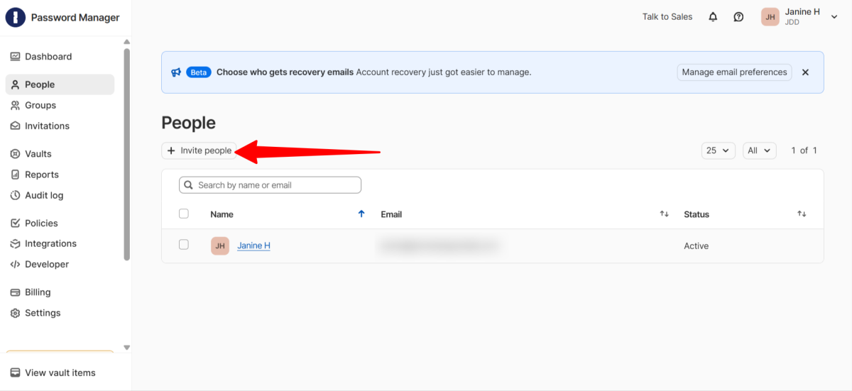 Inviting people in 1Password.