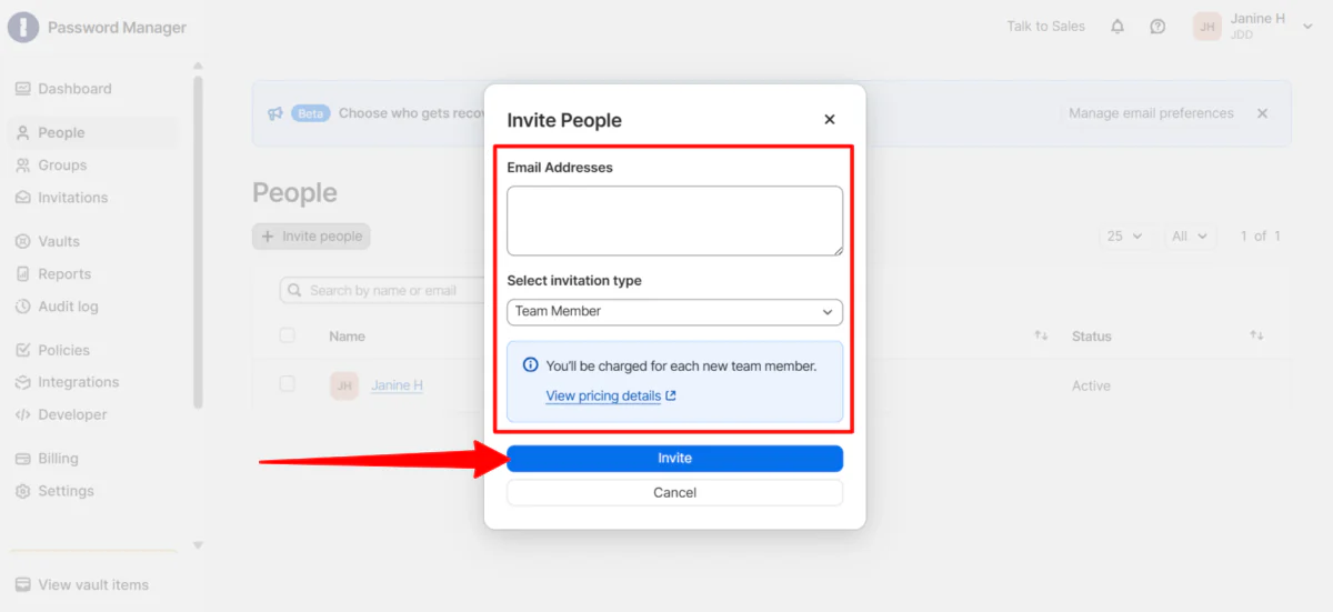 Inviting team members to 1Password.