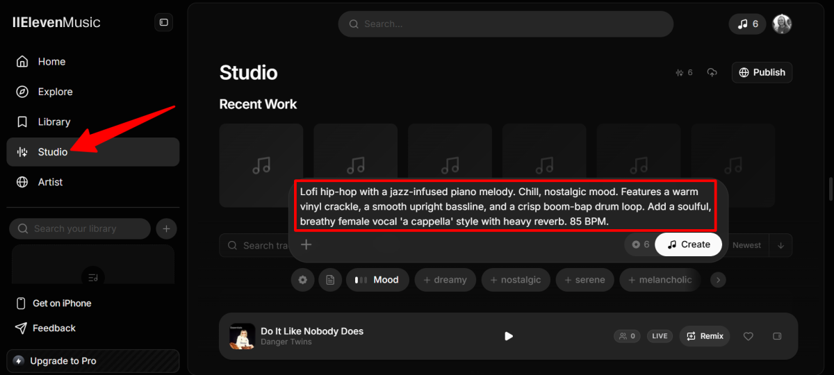 Adding a prompt describing a song to the Eleven Music Studio.